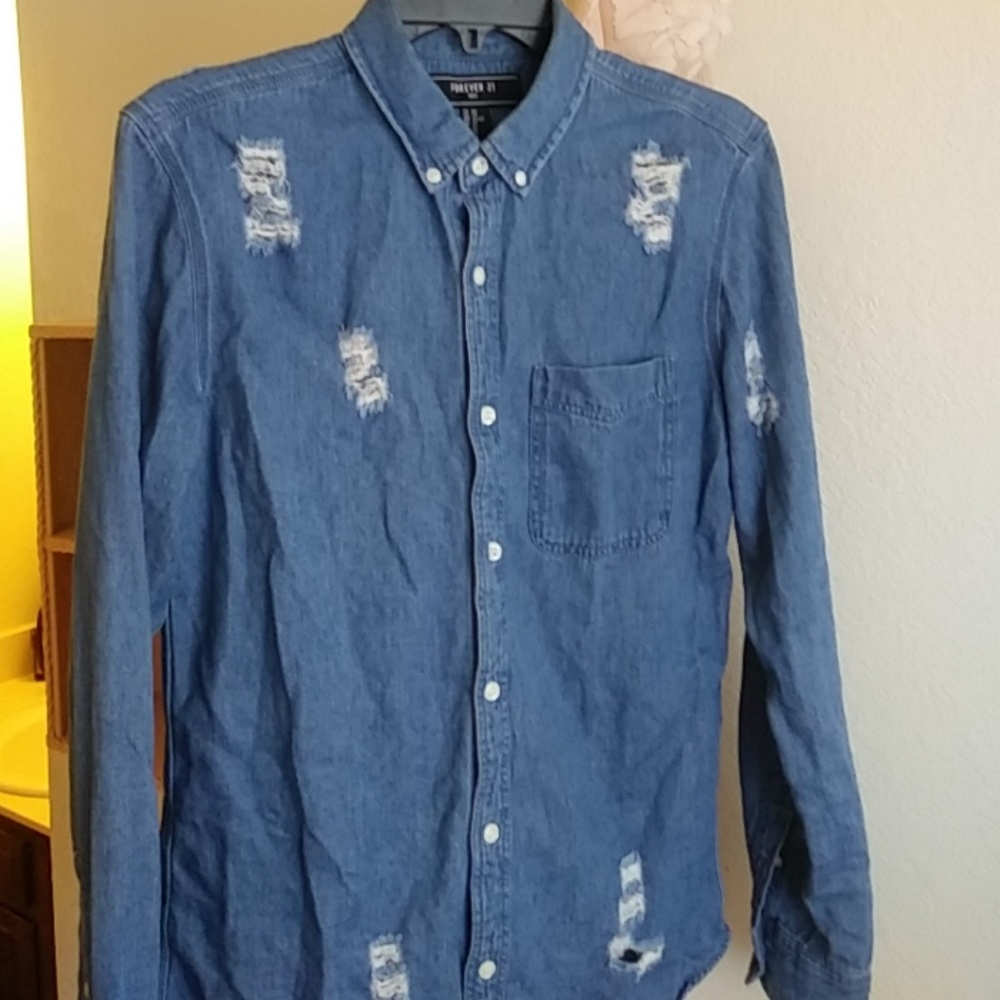 Distressed denim blue shirt